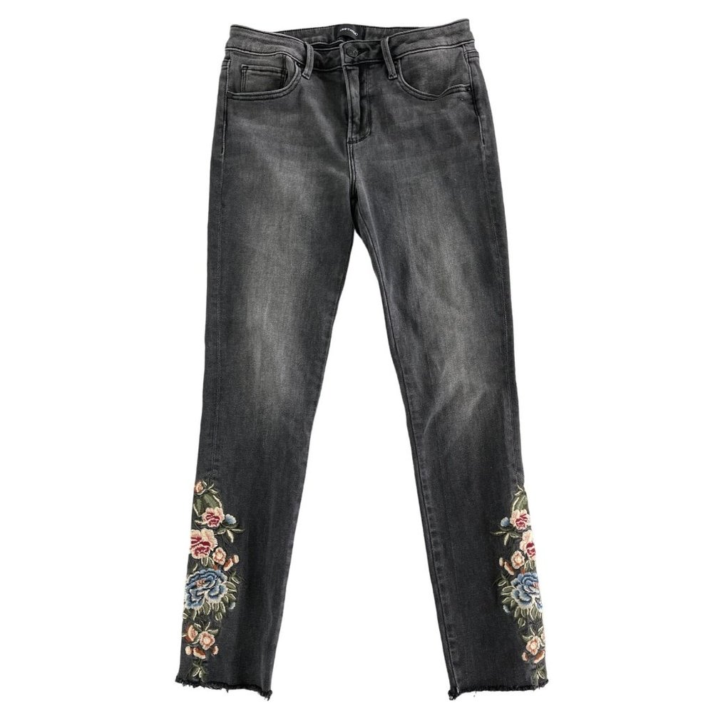 Driftwood Jeans 28 Jackie Floral Embroidered Mid Rise Skinny Frayed Hem Gray